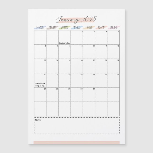 Calendário Magnético de Janeiro de 2025 (Frente)