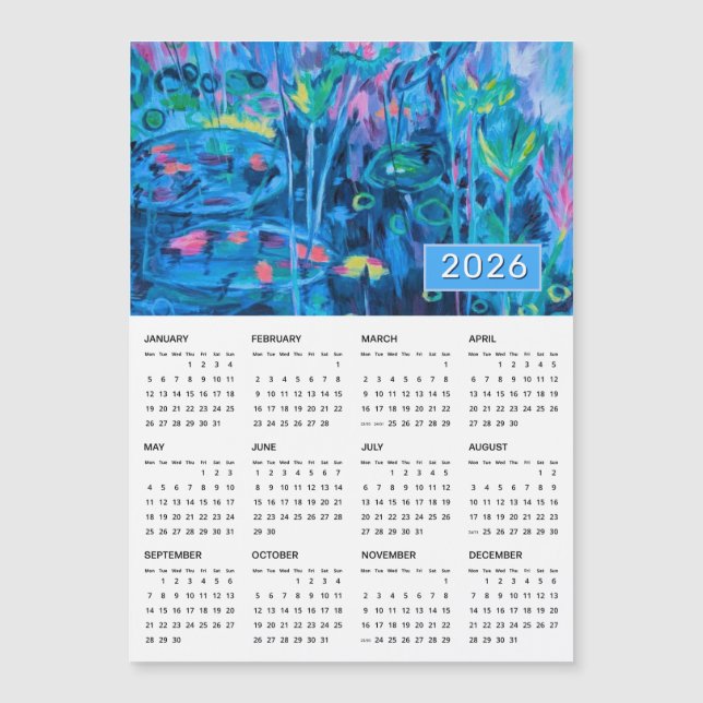 Calendário Magnético do Abstrato Azul Floral 2026 (Frente)