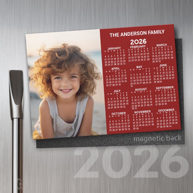 Calendário magnético - Exibição moderna do ano de  (2026 Calendar Magnet with Custom Photo)
