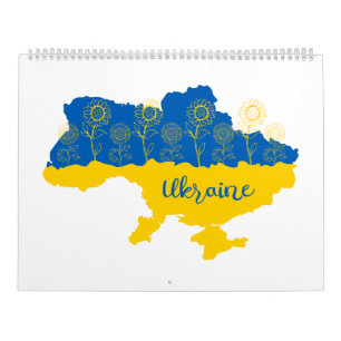 Calendário Mapa da Ucrânia com girassol e bandeira ucraniana