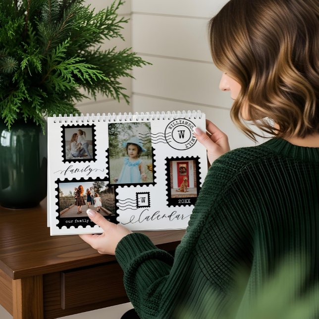 Calendário Memórias de Fotografias Familiares Entrega Diária  (Family Photo Memories Fun Delivery Postage Stamps Calendar)