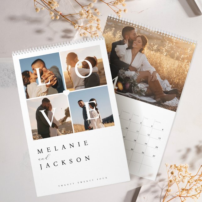 Calendário Memórias Fotográficas de Casamento de Casais Elega (Love Modern Elegant Couple Wedding Photo Memories Calendar)
