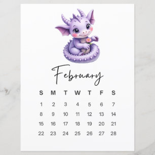 Calendário Mensal Fantasia Dragão Bebê Fevereiro