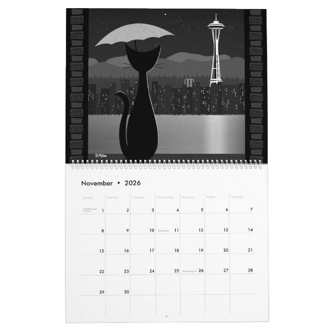 Calendário Mid Century Travel Cat (Nov 2026)