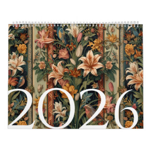 Calendário Minimalista Lírio Pássaro Vintage Elegante Antigo