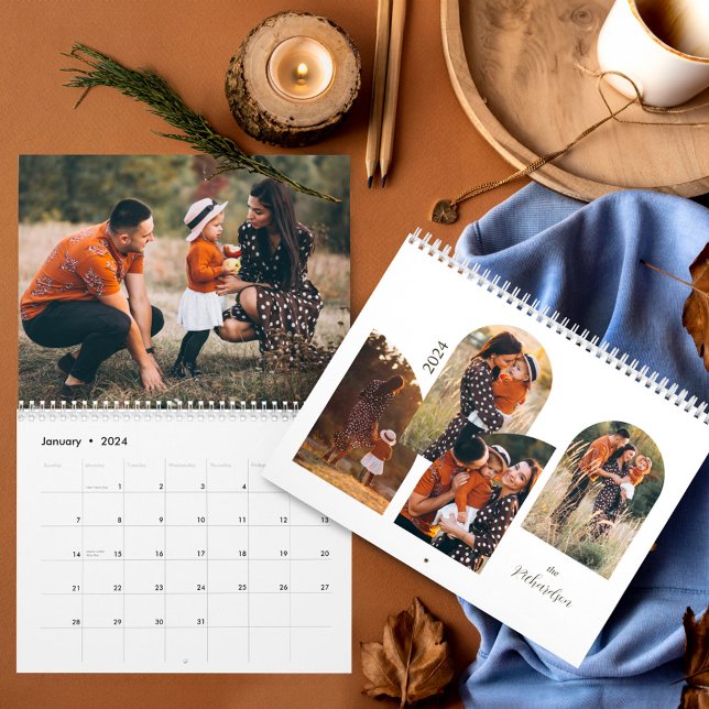 Calendário modelo de Na moda de fotos da família Mínima de Ar (2024 Minimal Arch family Photos Stylish Template Calendar)