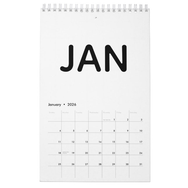 Calendário Modern Black and White Minimalist 2026 (Jan 2026)