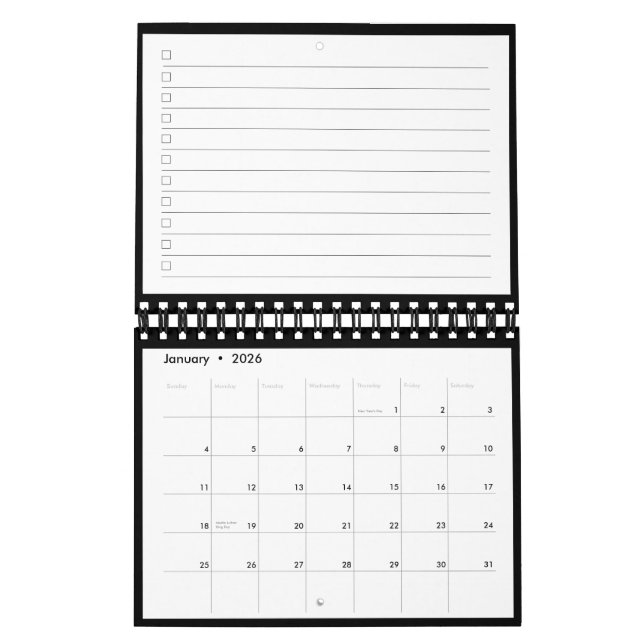 Calendário Modern Black White Monogram Name To Do List (Jan 2026)