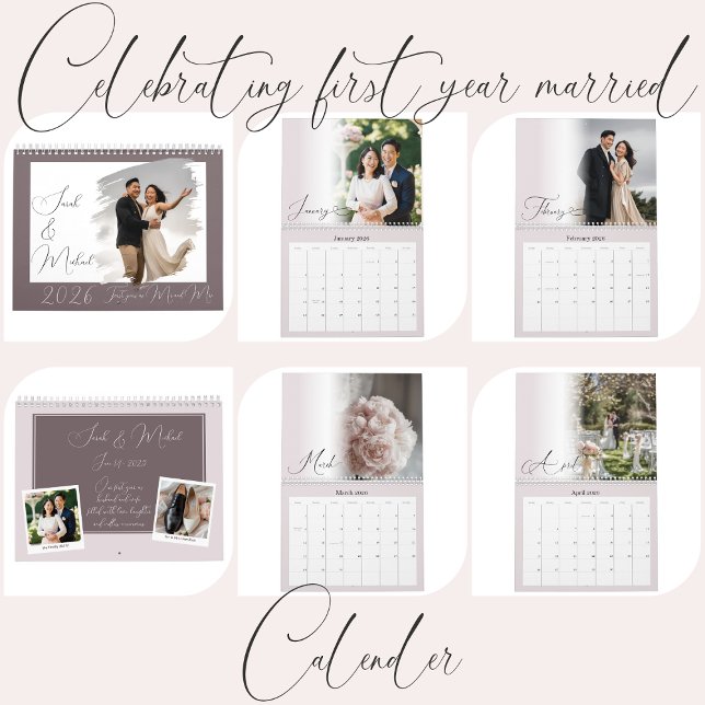 Calendário Modern Chic Script Newlywed Pink Photo Calendar (Criador carregado)