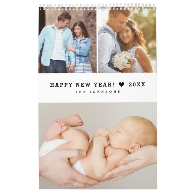 Calendário Modern Heart Minimal Custom Family Photo Grid (Capa)