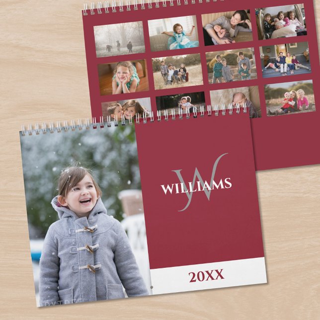Calendário Modern Monogram Burgundy Red Photo (Modern Monogram Burgundy Red Photo Calendar, front/back)