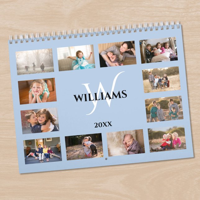 Calendário Modern Monogram Name Light Blue Custom Photo (Modern Monogram Name Light Blue Custom Photo Calendar in situ)