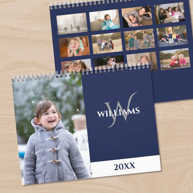 Calendário Modern Monogram Navy Blue Photo (Modern Monogram Navy Blue Photo Calendar, front/back)