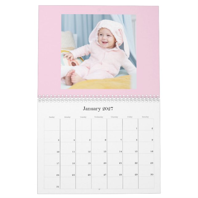 Calendário Modern Pink Baby Girl Family Photo Calendar 2026 (Jan 2027)