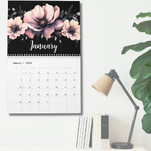 Calendário Moderno Fofo Floral Rosa Preto Tendência