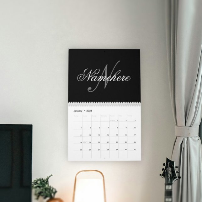 Calendário Monograma Personalizado Único de Nomes Preto e Bra (Criador carregado)