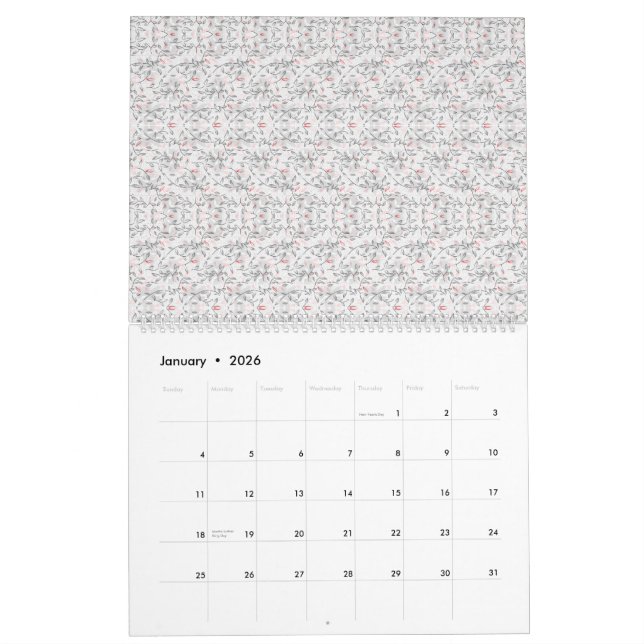Calendário Motif floral refinado em branco e cinza, presenti (Jan 2026)