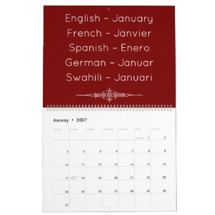Calendário Multilíngue Vermelho Intenso