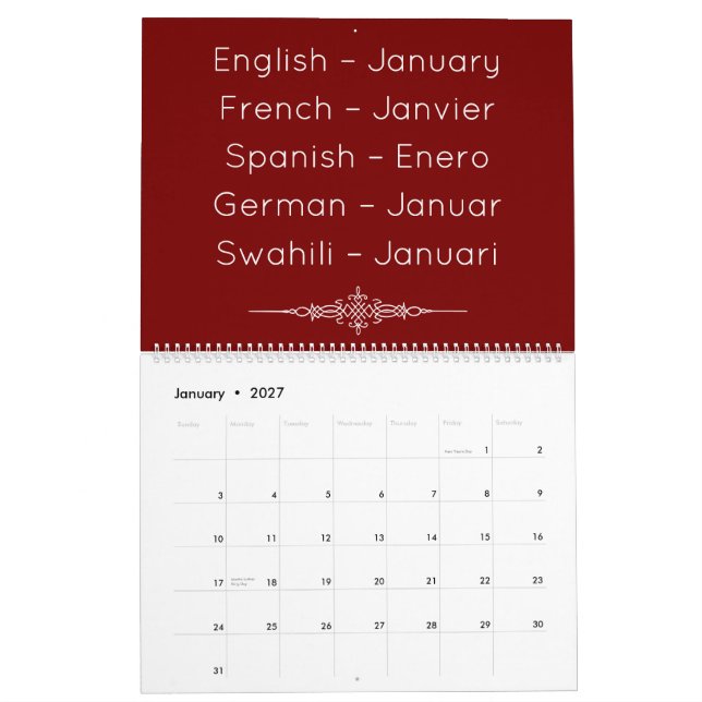 Calendário Multilíngue Vermelho Intenso (Jan 2027)