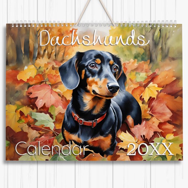 Calendário Muro de Enchidos Elegante De Enchidos Por Aquarela (A wall calendar featuring an illustration of a dachshund for each month of the year)