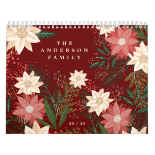 Calendário Nome da Família Maroon Elegante Poinsettia Christm