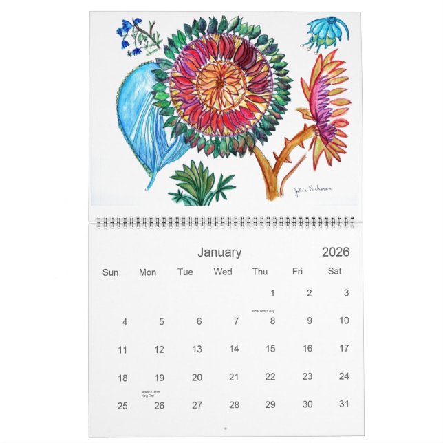Calendário Novas pinturas de Flor Laranja e Púrpura (Jan 2026)