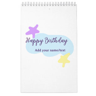 Calendário Nuvens azul pastel estrelas roxo feliz aniversário