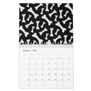 Calendário Ossos Preto Branco Cão Esqueleto Dono de Cachorro