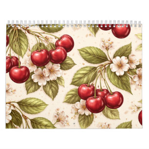 Calendário Padrão de Cerejeira Vintage com Cerejas Vermelhas