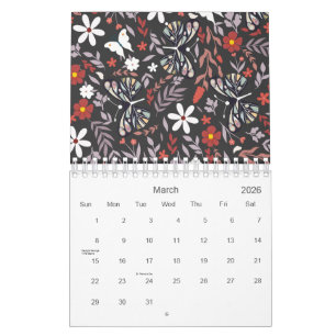 Calendário Padrão de Floral e Borboleta Whimsical 2026