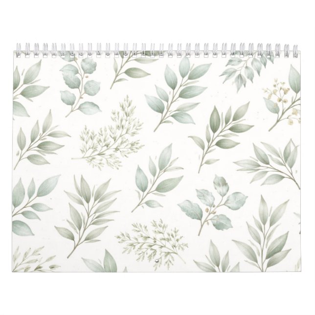 Calendário Padrão de Folhas Botânicas Verde Suave  (Capa)