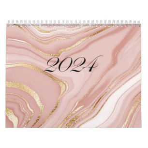 Calendário Padrão de mármore rosa do Calwndar 2024 com ouro