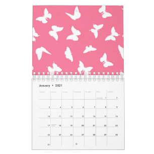 Calendário Padrão Estético Rosa-Borboleta Branca