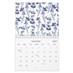 Calendário Padrão Floral Azul de Cores Aquáticas 2026