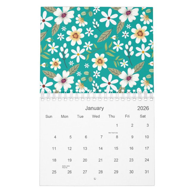 Calendário Padrão Floral Branco Desenhado à Mão 2026 (Jan 2026)