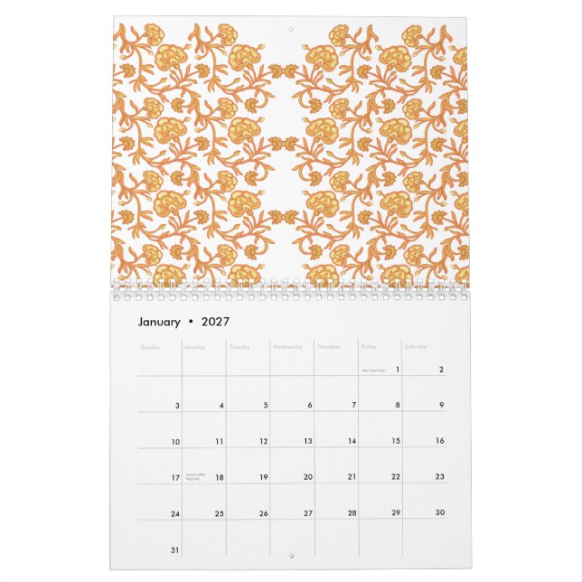 Calendário Padrão floral simétrico com mosca laranja (Jan 2027)