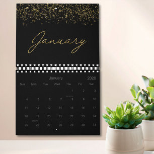Calendário Papel Brilhante Preto e Dourado Elegante Moderno R