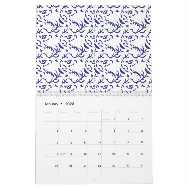 Calendário Papel de embrulho azul e branco com um gráfico (Jan 2026)