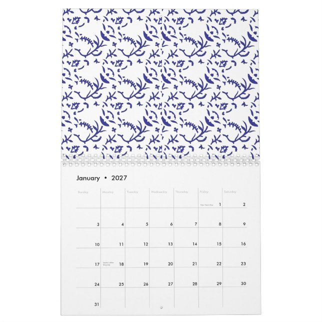Calendário Papel de embrulho azul e branco com um gráfico (Jan 2027)