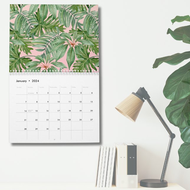 Calendário Parede de Folhas Tropicais Simples, Rosa, (Simple Modern Pink Palm Leaf Tropical Floral Wall Calendar)