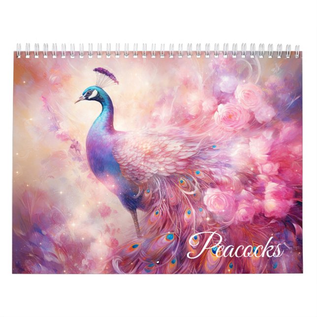 Calendário Pavões Rosa Fantasia em Estilo Abstrato (Capa)
