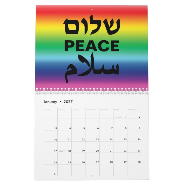 Calendário Paz Shalom Salaam - gradiente negro do arco-íris m (Jan 2027)