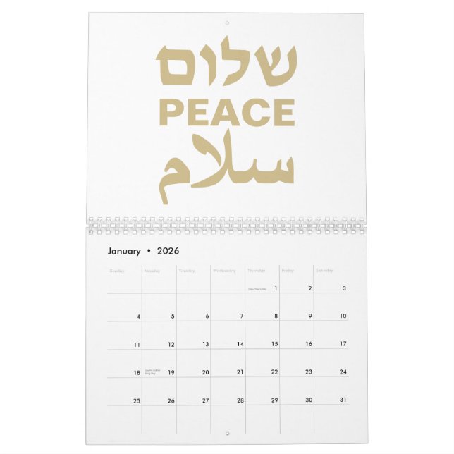 Calendário Peace Shalom Salaam White gold tipografia moderna (Jan 2026)