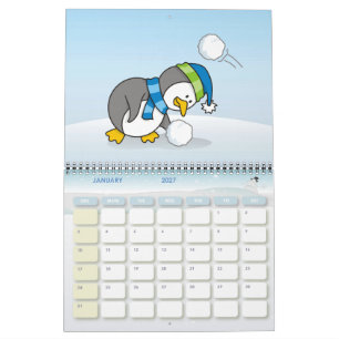 Calendário Pequeno pinguim pegando uma bola de neve