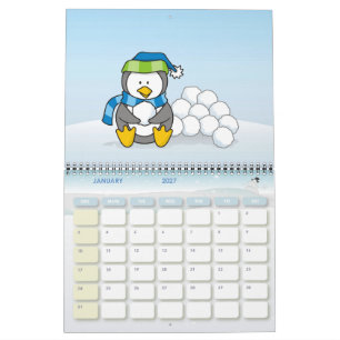 Calendário Pequeno pinguim sentado com bolas de neve