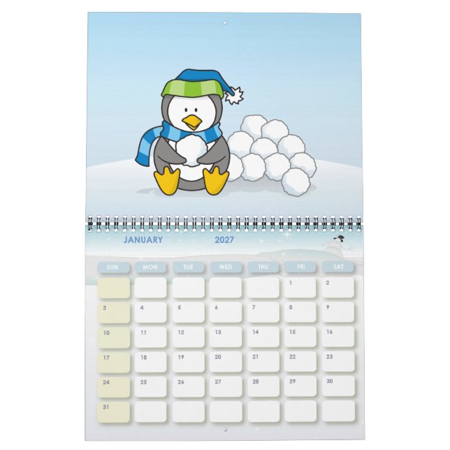 Calendário Pequeno pinguim sentado com bolas de neve (Jan 2027)