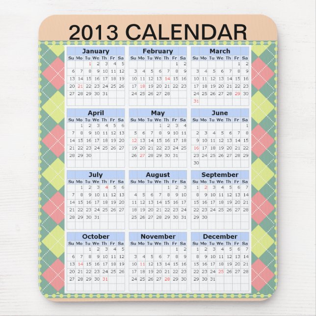 Calendário personalizado de 2013 em um Mousepad (Frente)