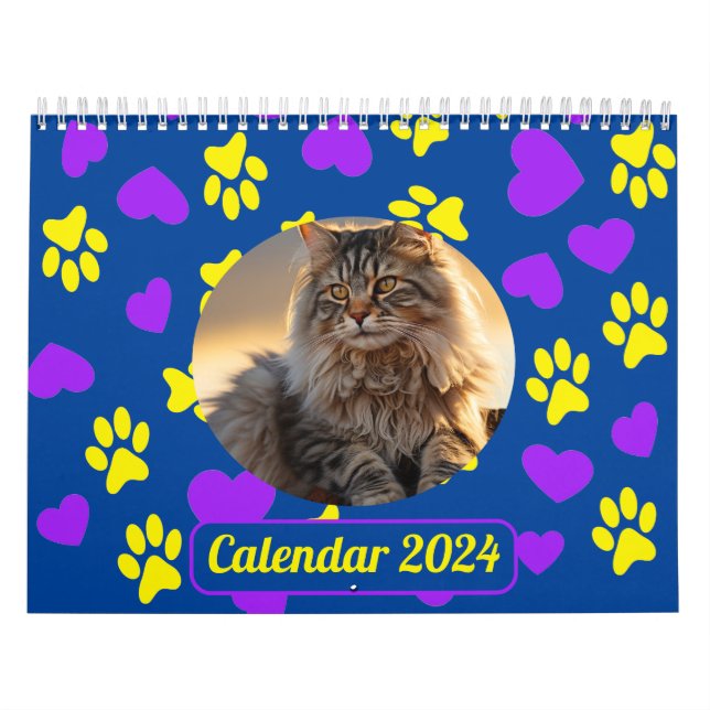 Calendário Pet Photo Paw Personalizado Imprime Azul Padrão (Capa)