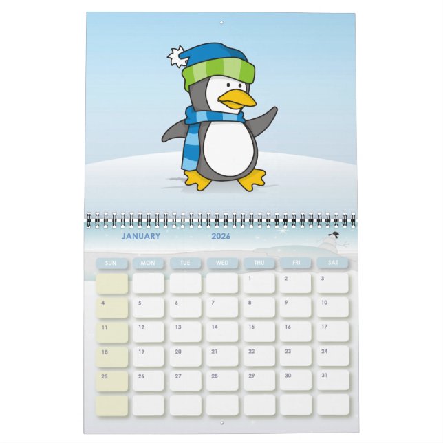 Calendário Pinguim pequeno caminhando na neve (Jan 2026)