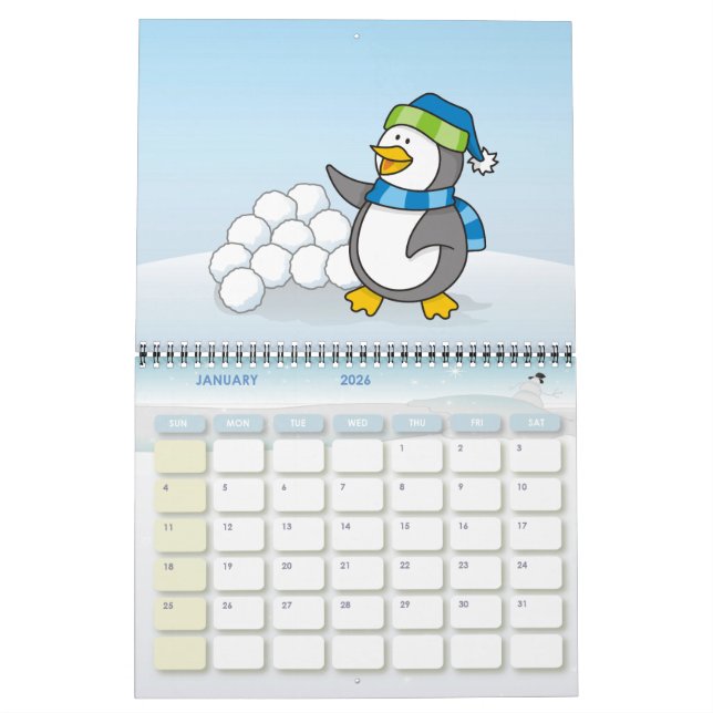 Calendário Pinguim pequeno com bolas de neve balançando (Jan 2026)